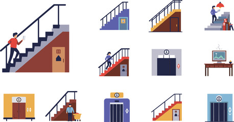 Stylized elevator, stair, and escalator scenes, vector illustration for accessibility, public space design, and editorial behavioral content