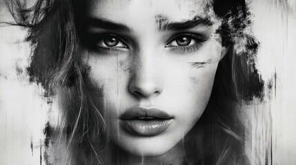 Black white portrait young woman face appears Smudged ink effect