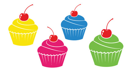 Colorful cupcakes with bright cherry toppings are beautifully arranged on a white background