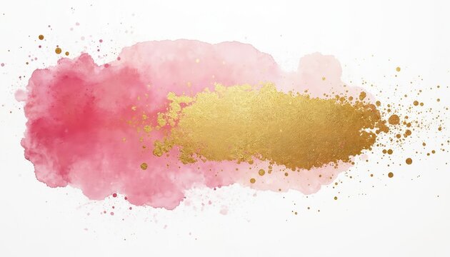 Pink and gold watercolor abstract splash with paint splatters and brush strokes. Elegant design element perfect for invitations cards banners posters graphic art backgrounds.