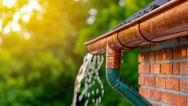 Copper gutter rainwater drainage roof and brick wall home exterior summer sunlight, calm scene of efficient flow with green foliage and outdoor