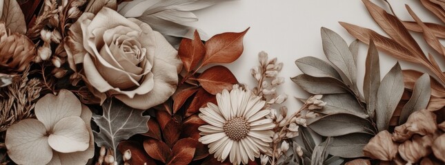 Close-up bouquet dried flowers leaves made up various Stylish autumn rustic wreath