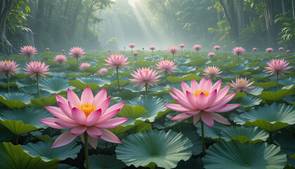 Enchanting lotus flowers bloom serenely in a misty pond, their vibrant pink petals adding a touch of elegance to the tranquil waters, creating a peaceful and calming atmosphere