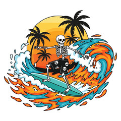 Skeleton surfer rides epic wave at sunset, capturing thrill of extreme beach lifestyle and vibrant summer fun