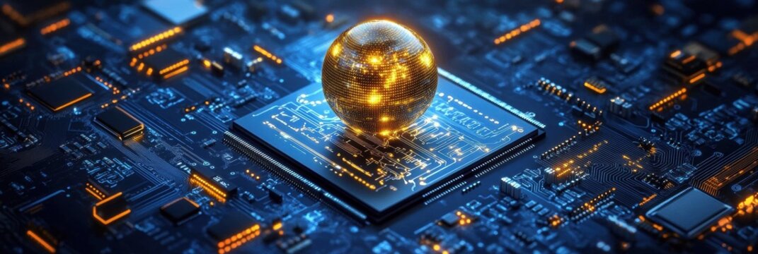 Close-up computer circuit board golden globe top it closeup on an advanced