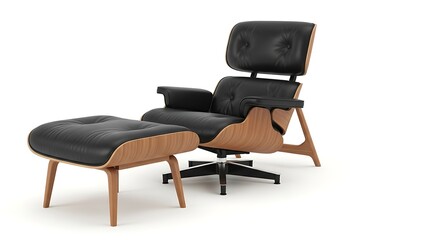 Iconic lounge chair and ottoman with black leather on white background.