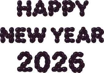 Happy New Year 2026 made with black beans on white background
