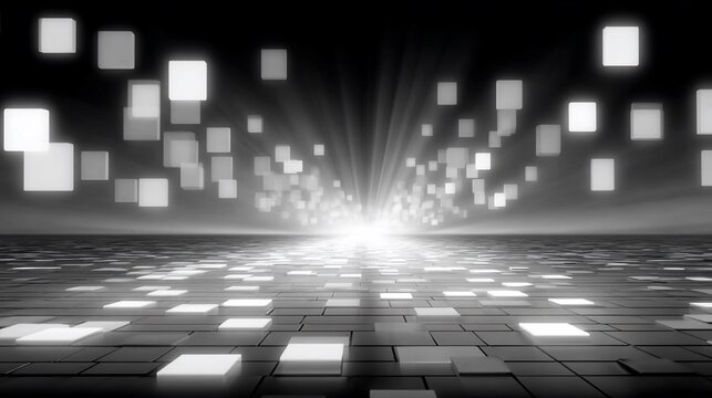 Abstract Futuristic Technology Landscape with Glowing Cubes and Light Rays