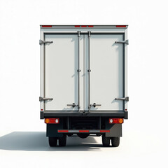 Rear view of closed white delivery truck trailer with double doors and metal latches. This transport vehicle stands on clean white background in studio light. Ideal for logistics and freight services.