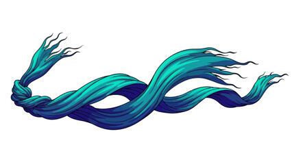 A teal scarf with frayed ends tied in a knot