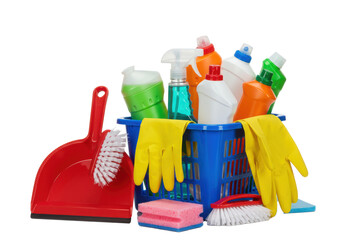 Vibrant collection of new household cleaning supplies in a blue basket on a white background with copy space. Concept of domestic chores and cleanliness