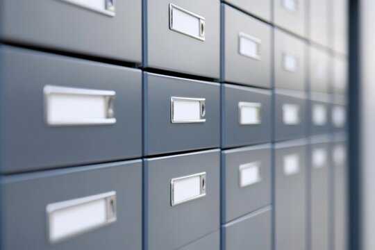 Close-up row gray metal filing cabinets are metallic mailboxes