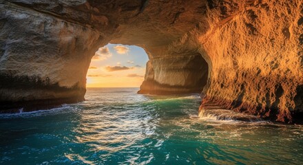 Mystical Sea Cave Sunlight Illuminating Ocean Through Natural Arches