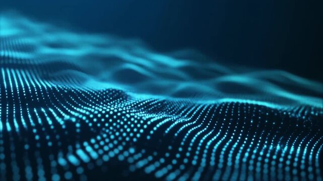 Abstract digital data visualization of blue glowing particles creating a dynamic wave-like motion, ideal for technology or science concepts.
