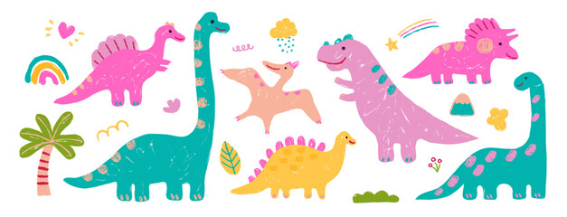 Cute crayon dinosaur illustration bundle. Adorable doodle dinosaurs with rainbows, trees, and stars, naive scribble of a cheerful prehistoric scene . Perfect for kids notebooks, posters, or fun cover 