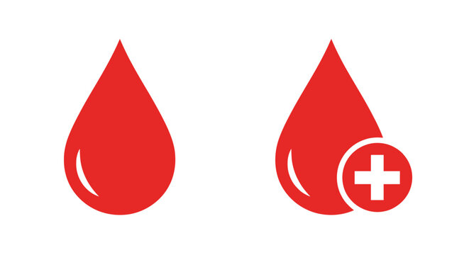 Red blood drops with a medical cross symbol representing healthcare and donation