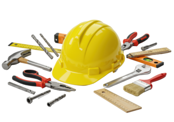 A bright yellow hard hat and professional construction tools scattered on a transparent background with copy space. Concept of safety and home renovation.