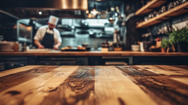 Close-up wooden table restaurant cafe focus while background busy chefs working