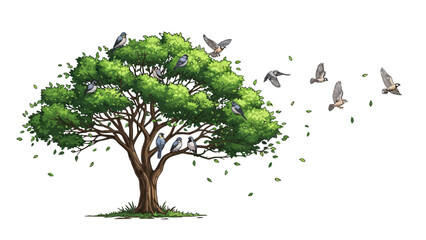 A tree with green leaves and birds perched and flying around it