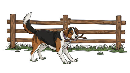 A tricolor dog holds a stick in its mouth by a wooden fence