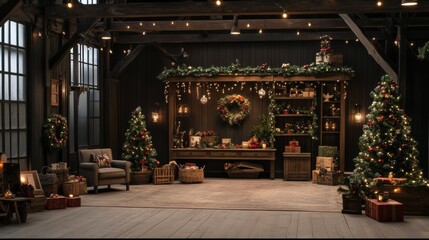 Cozy rustic living room decorated Christmas has high interior rural background