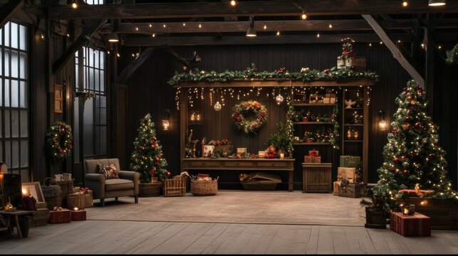 Cozy rustic living room decorated Christmas has high interior rural background