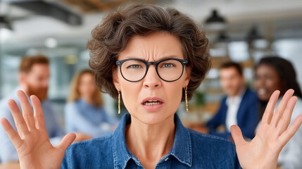 Furious mature businesswoman boss in glasses with hands raised in frustration, shouting with angry expression against diverse team in office
