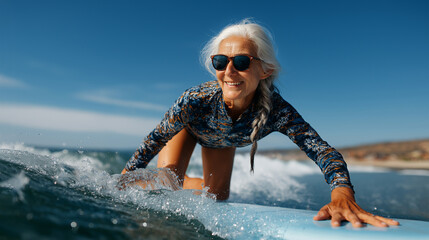 Happy active senior woman with gray hair surfing wave on surfboard against bright blue sky, enjoying ocean and sun