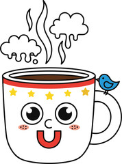 a whimsical white coffee mug with a happy cartoon face, decorated with yellow stars and a red stripe, featuring elaborate steam effects and a small blue bird perched on the handle.