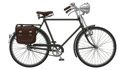 A vintage black bicycle with a brown saddlebag and leather grips