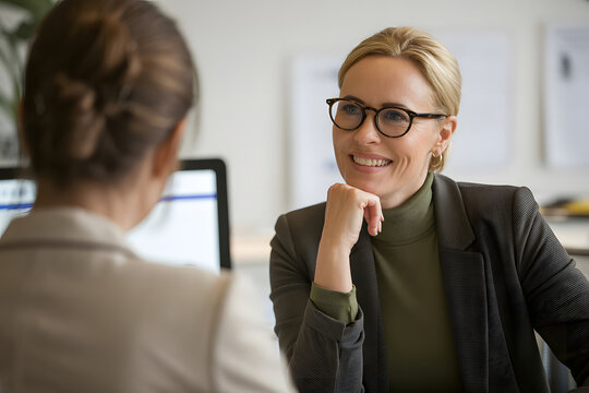Smiling businesswoman with glasses in a meeting with a colleague discussing work in an office setting