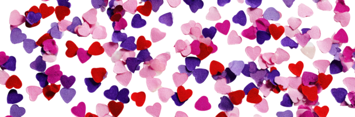 Scattered hearts of various shades of pink, red, and purple on black background