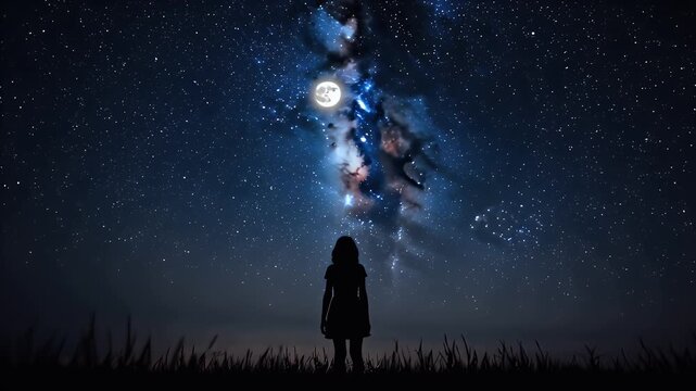 Silhouette of a lone figure gazing up at the Milky Way over a grassy horizon