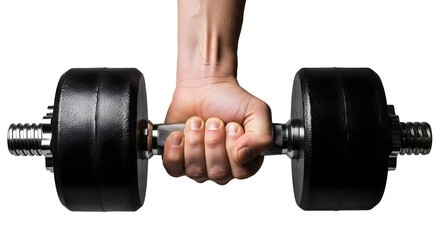 hand holding dumbbell, A hand holds a heavy black dumbbell. Isolated on a transparent background