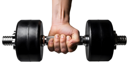 hand holding dumbbell, A hand holds a heavy black dumbbell. Isolated on a transparent background