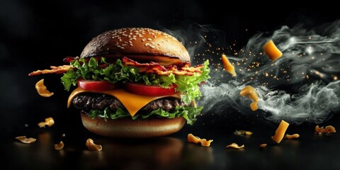 Digital illustration burger mid-air made up sesame seed fresh beef cheeseburger sandwich