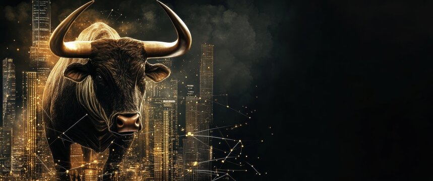 Digital illustration bull large horns standing front cityscape and bear financial - Powered by Adobe