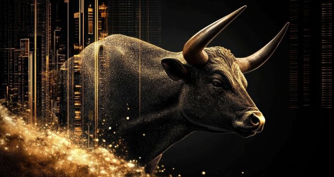 Digital illustration bull head center black background and bear financial