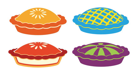 Four colorful pies with unique designs a delightful baked goods illustration