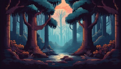 retro style pixel art of a dark forest with black shadows creating a mysterious atmosphere