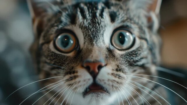 A cat with a surprised look on its face. The cat has blue eyes and a pink nose