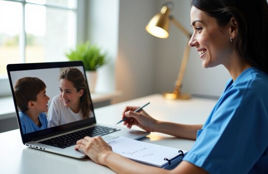 A woman in medical scrubs video calls a young boy and girl on her laptop in a bright, modern office setting