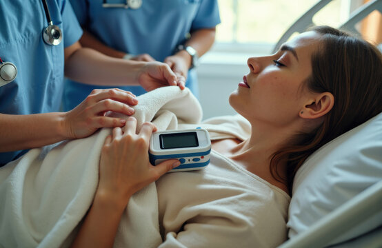 Woman lying in hospital bed receiving medical care from healthcare professional with a pulse oximeter on her finger