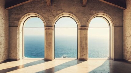 Empty room three arched windows that offer beautiful historic medieval stone arch