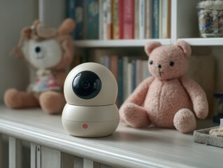Baby monitor camera beside teddy bear toys on shelf in cozy room  