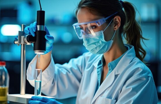 A female scientist in protective gear conducts experiments using a microscope in a laboratory setting - Powered by Adobe