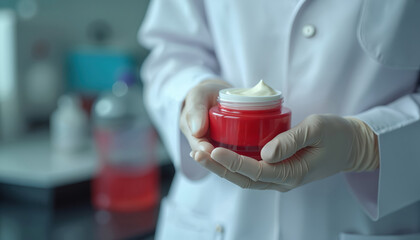 Lab worker holds jar of cosmetic cream. Scientist in lab coat, gloves shows product. Cosmetic product presentation in science laboratory for skincare, cosmetology brand promotion. Medical staff tests