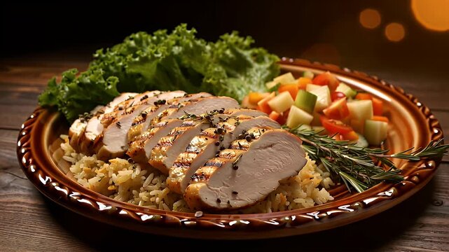 Sliced roasted meat medallions with brown gravy served on a garnished platter