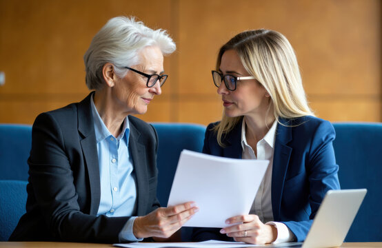 Two professional women discussing documents during a business meeting in an office setting