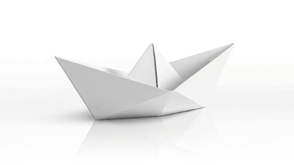 A white origami paper boat sits on a reflective white surface
